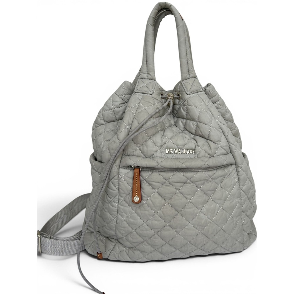 MZ Wallace Metro Backpack Light Grey Quilted Nylon Drawstring Bag with Pouch